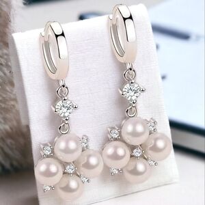 Luxury Silver 925 Pearl Zircon Crystal Dangle Earrings